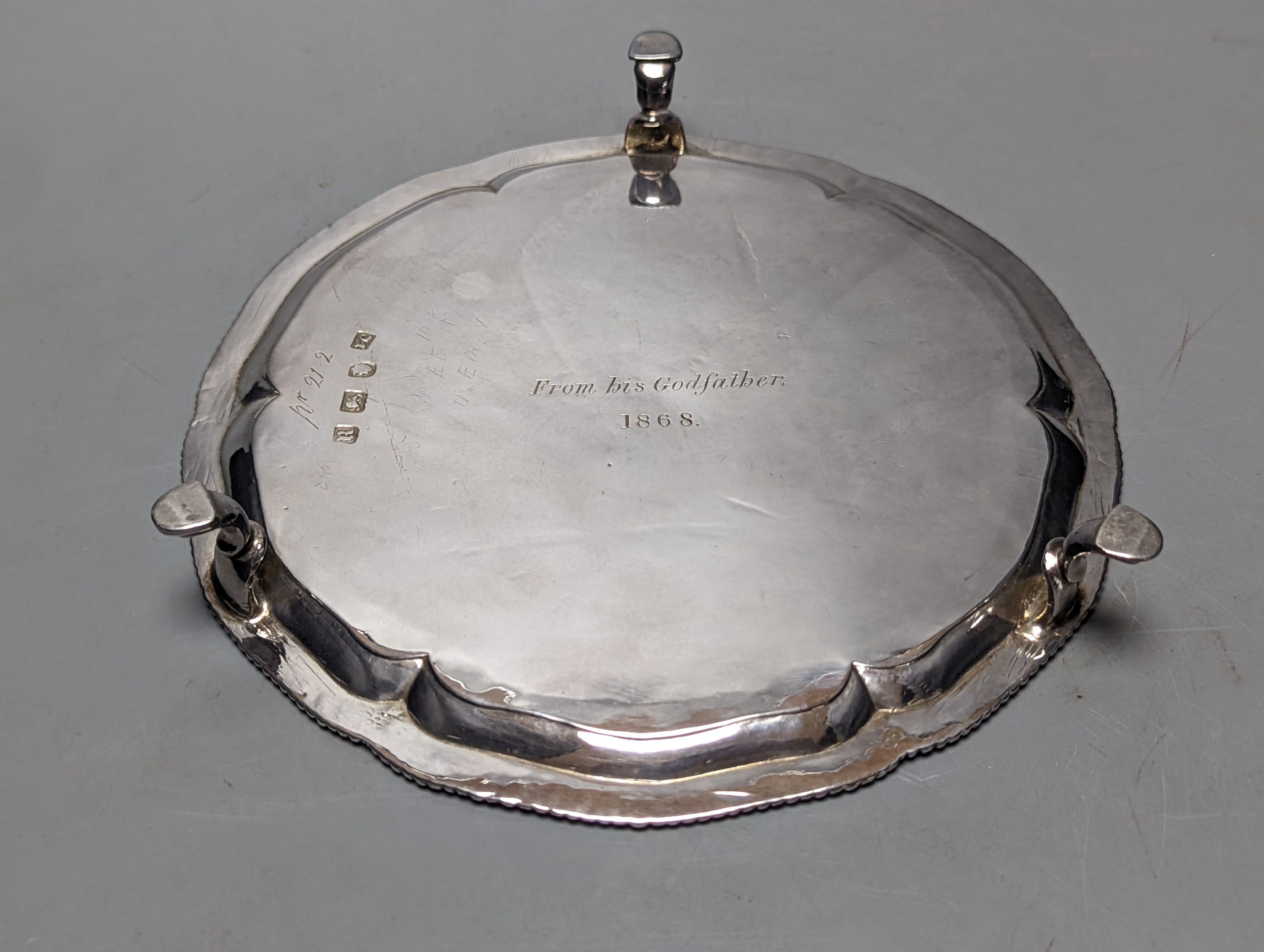 A George III silver waiter, John Cox, London, 1772, with later inscription to base, 18cm